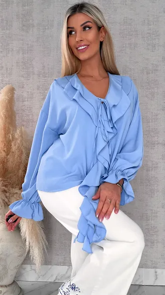 Elegancka niebieska bluzka z ozdobnym wiązanym dekoltem ONE SIZE - R562