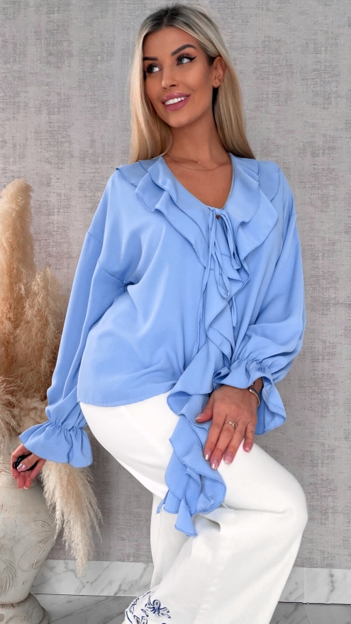 Elegancka niebieska bluzka z ozdobnym wiązanym dekoltem ONE SIZE - R562