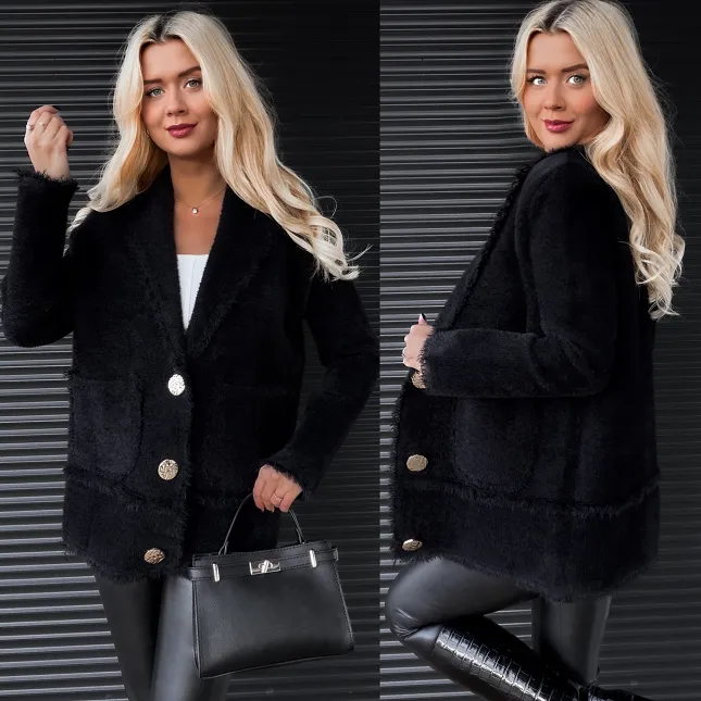 Ciepła CZARNA marynarka zapinana na duże złote guziki - R321B