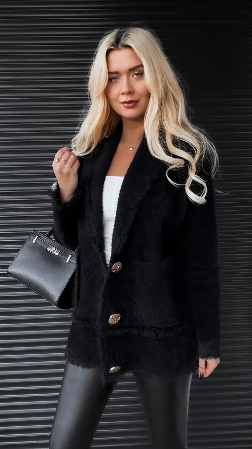 Ciepła CZARNA marynarka zapinana na duże złote guziki - R321B