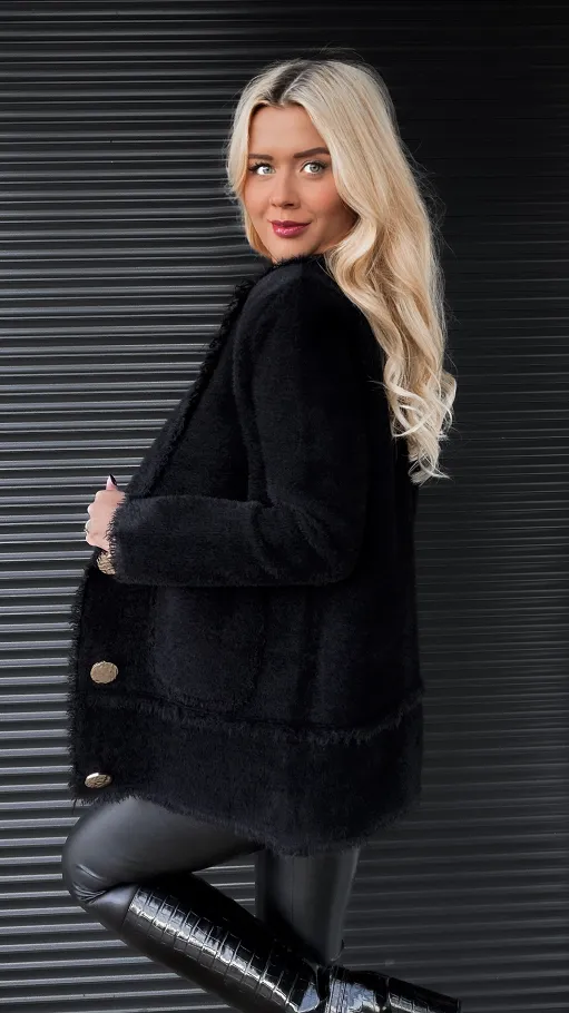 Ciepła CZARNA marynarka zapinana na duże złote guziki - R321B