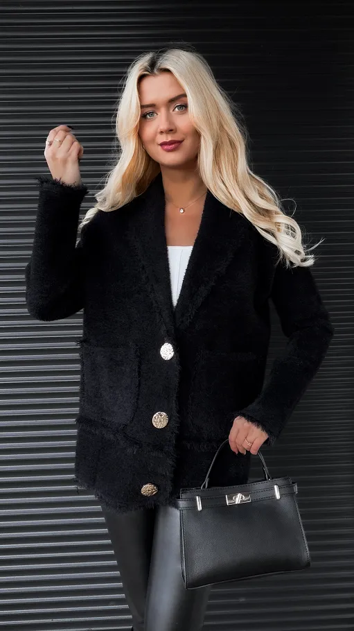 Ciepła CZARNA marynarka zapinana na duże złote guziki - R321B