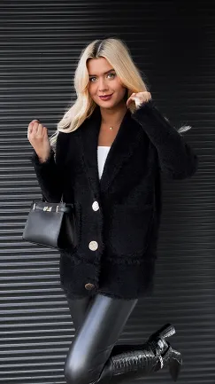 Ciepła CZARNA marynarka zapinana na duże złote guziki - R321B