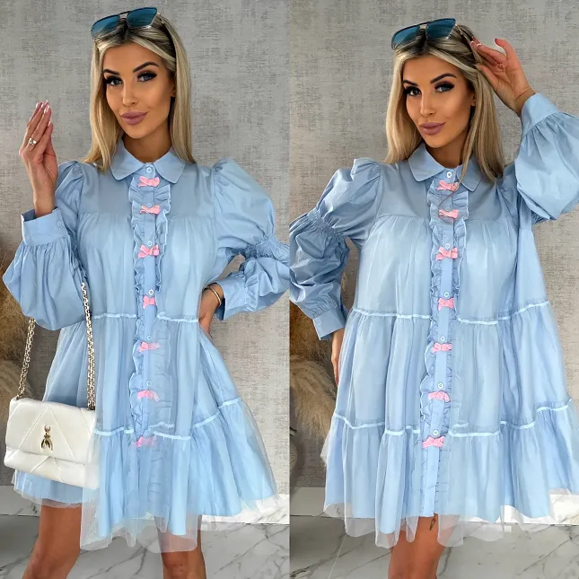 Słodka pastelowa sukienka z tiulem i kokardkami ONE SIZE blue - R478A
