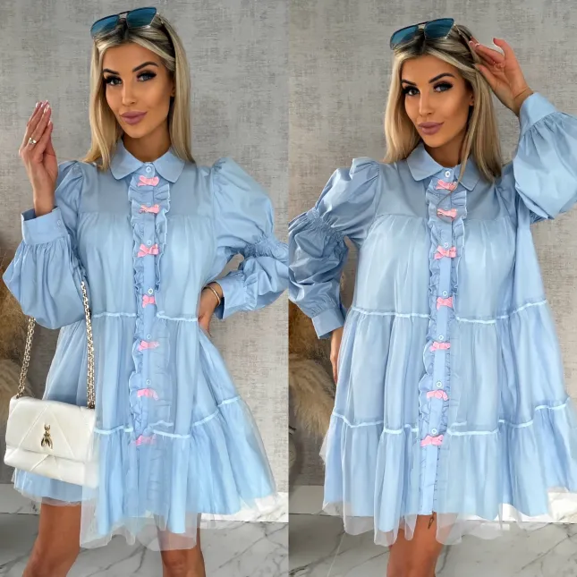 Słodka pastelowa sukienka z tiulem i kokardkami ONE SIZE blue - R478A