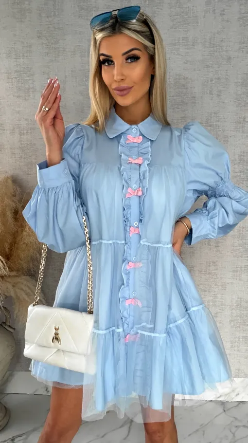 Słodka pastelowa sukienka z tiulem i kokardkami ONE SIZE blue - R478A