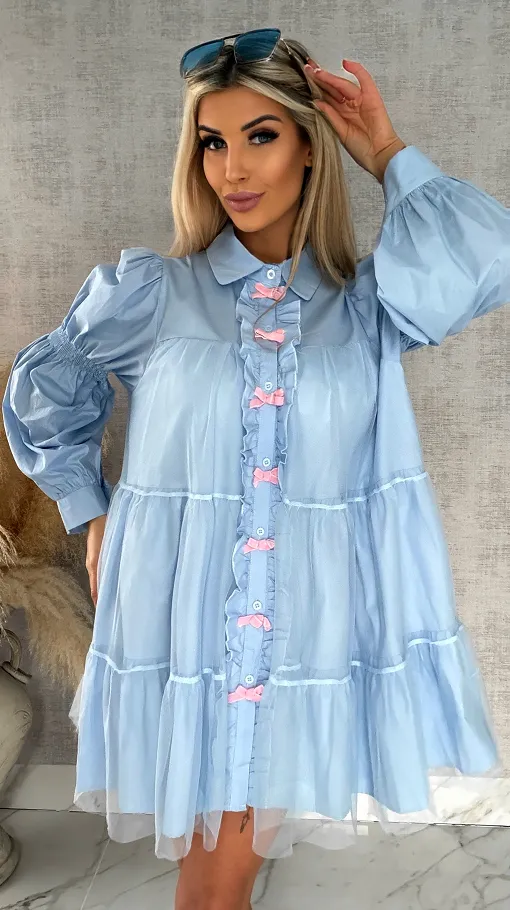 Słodka pastelowa sukienka z tiulem i kokardkami ONE SIZE blue - R478A