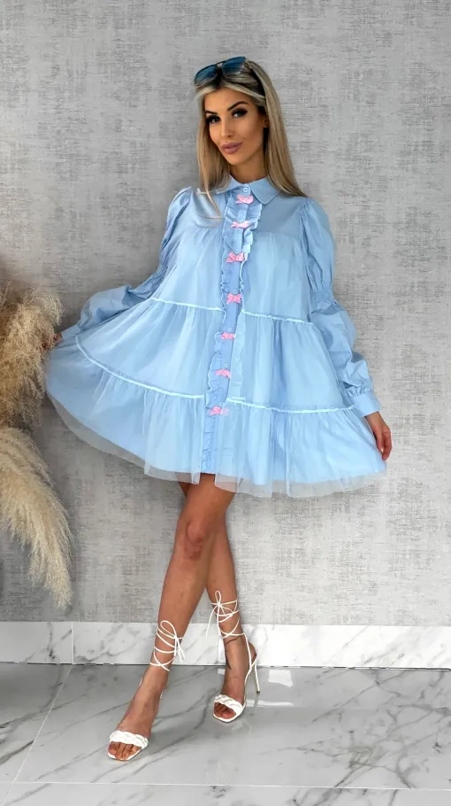 Słodka pastelowa sukienka z tiulem i kokardkami ONE SIZE blue - R478A