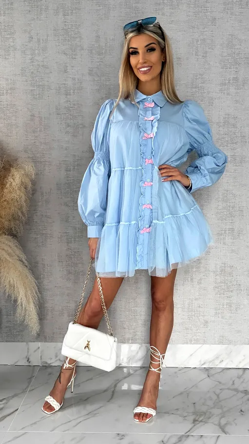Słodka pastelowa sukienka z tiulem i kokardkami ONE SIZE blue - R478A