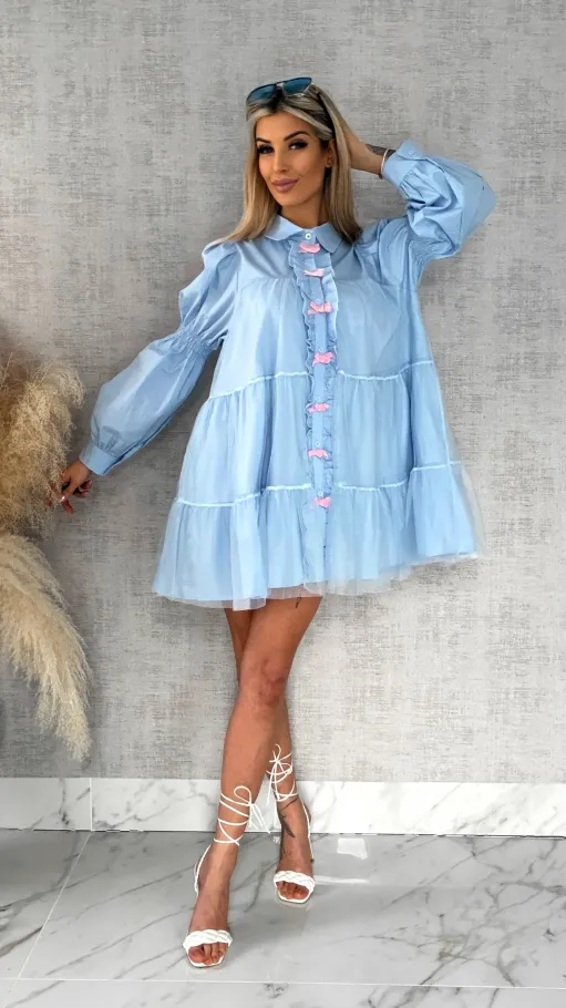 Słodka pastelowa sukienka z tiulem i kokardkami ONE SIZE blue - R478A