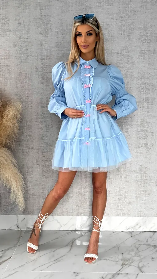 Słodka pastelowa sukienka z tiulem i kokardkami ONE SIZE blue - R478A