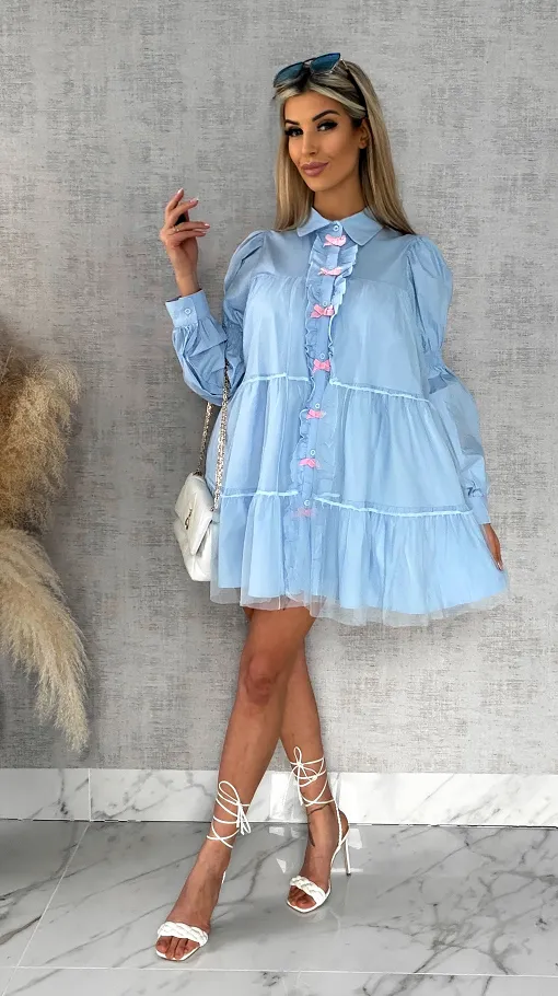 Słodka pastelowa sukienka z tiulem i kokardkami ONE SIZE blue - R478A