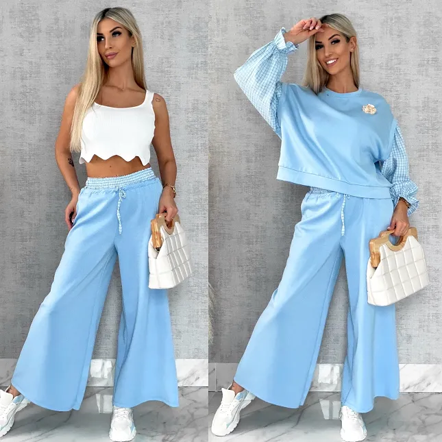 Luźne spodnie dresowe z ozdobnym pasem BLUE - R564A