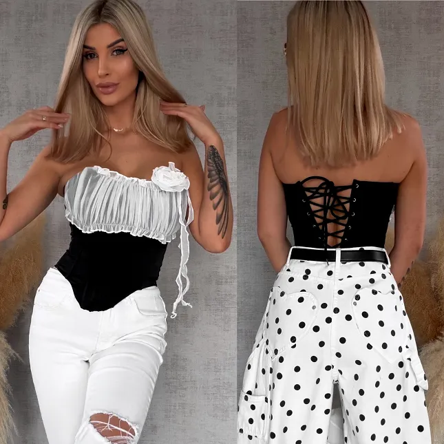 Elegancki czarny gorset usztywniany i wiązany - R764