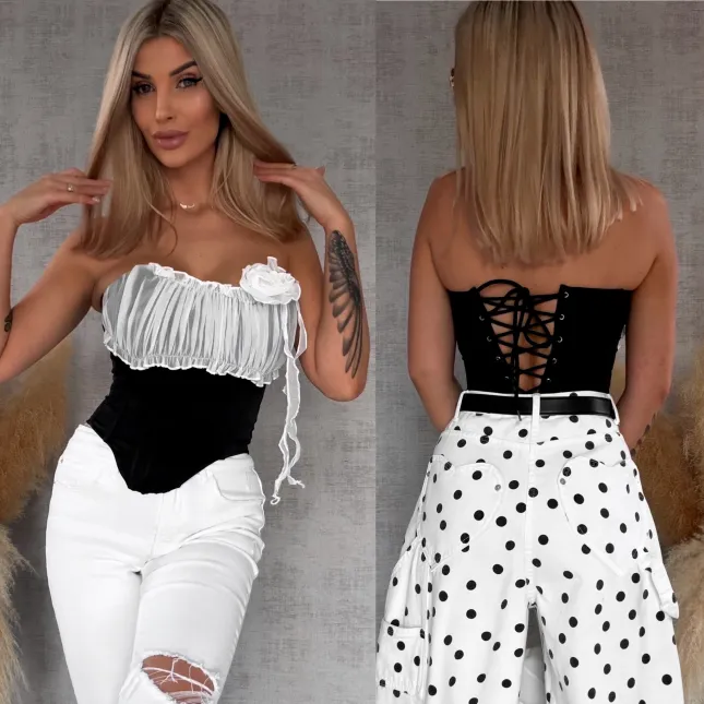 Elegancki czarny gorset usztywniany i wiązany - R764