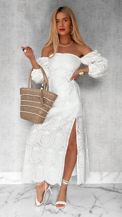Biała maxi długa sukienka hiszpanka z rozcięciem ONE SIZE - P548