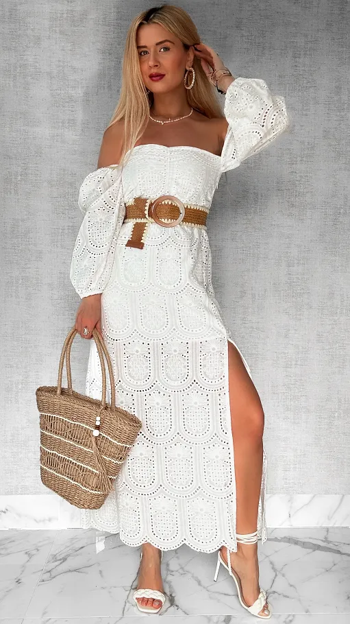 Biała maxi długa sukienka hiszpanka z rozcięciem ONE SIZE - P548