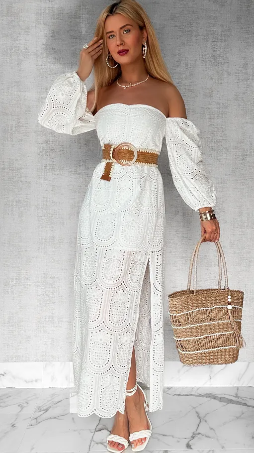 Biała maxi długa sukienka hiszpanka z rozcięciem ONE SIZE - P548