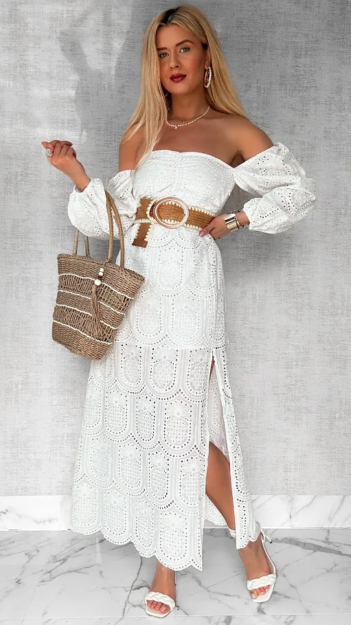 Biała maxi długa sukienka hiszpanka z rozcięciem ONE SIZE - P548