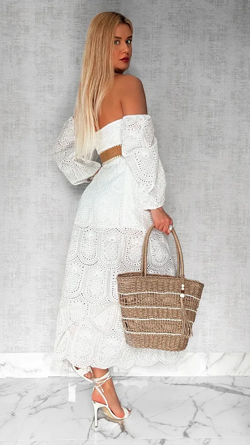 Biała maxi długa sukienka hiszpanka z rozcięciem ONE SIZE - P548