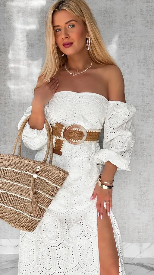 Biała maxi długa sukienka hiszpanka z rozcięciem ONE SIZE - P548