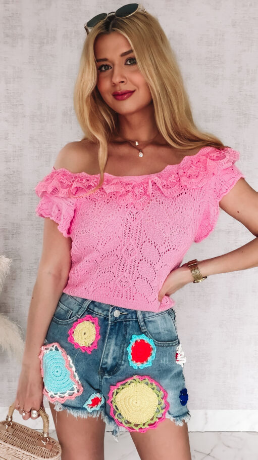Bluzka dzianinowa w szydełkowym stylu na ramiączkach ONE SIZE pink - R985