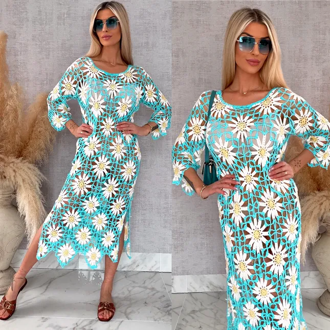 Oryginalna szydełkowa długa sukienka w stokrotki ONE SIZE - R700