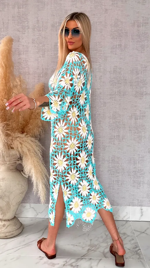 Oryginalna szydełkowa długa sukienka w stokrotki ONE SIZE - R700