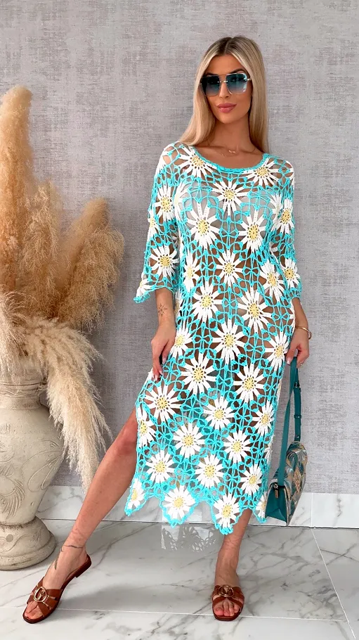 Oryginalna szydełkowa długa sukienka w stokrotki ONE SIZE - R700