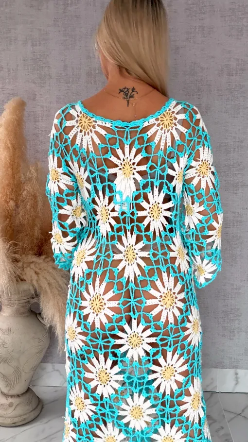 Oryginalna szydełkowa długa sukienka w stokrotki ONE SIZE - R700