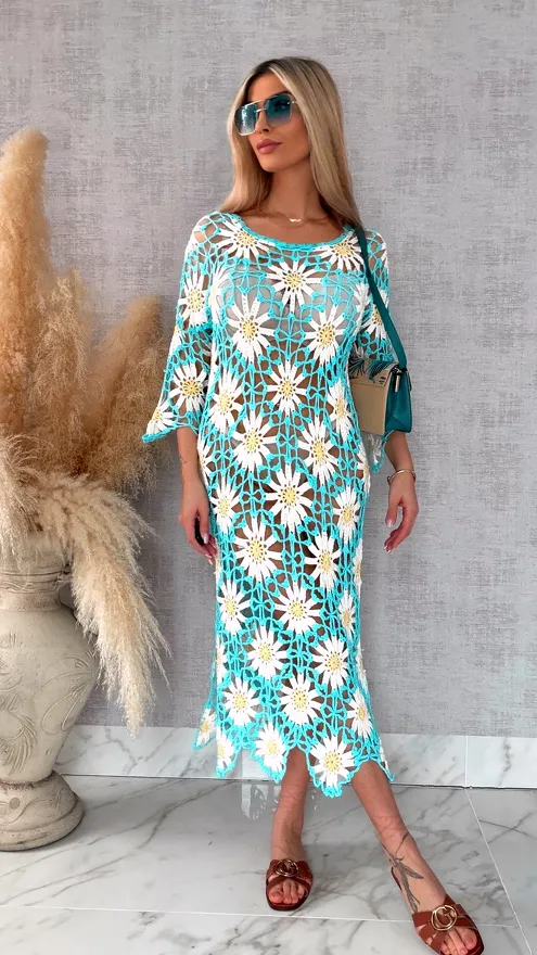 Oryginalna szydełkowa długa sukienka w stokrotki ONE SIZE - R700