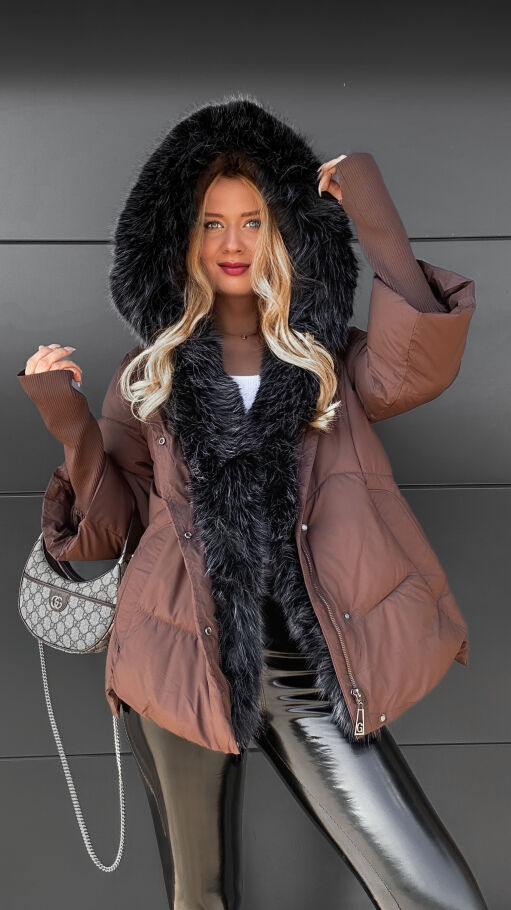 Ekskluzywna kurtka zimowa z oryginalnym futerkiem CZEKOLADOWA - R078B