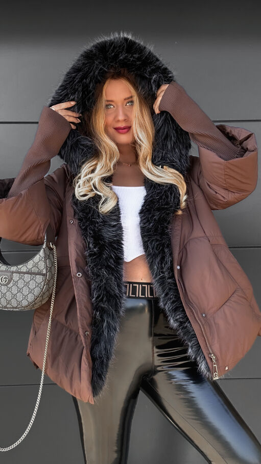 Ekskluzywna kurtka zimowa z oryginalnym futerkiem CZEKOLADOWA - R078B