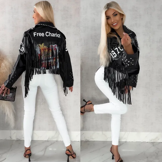 Stylowa czarna kurtka RAMONESKA z frędzlami i ćwiekami one size - R146