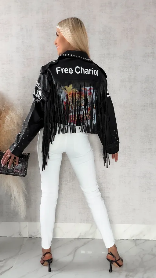 Stylowa czarna kurtka RAMONESKA z frędzlami i ćwiekami one size - R146