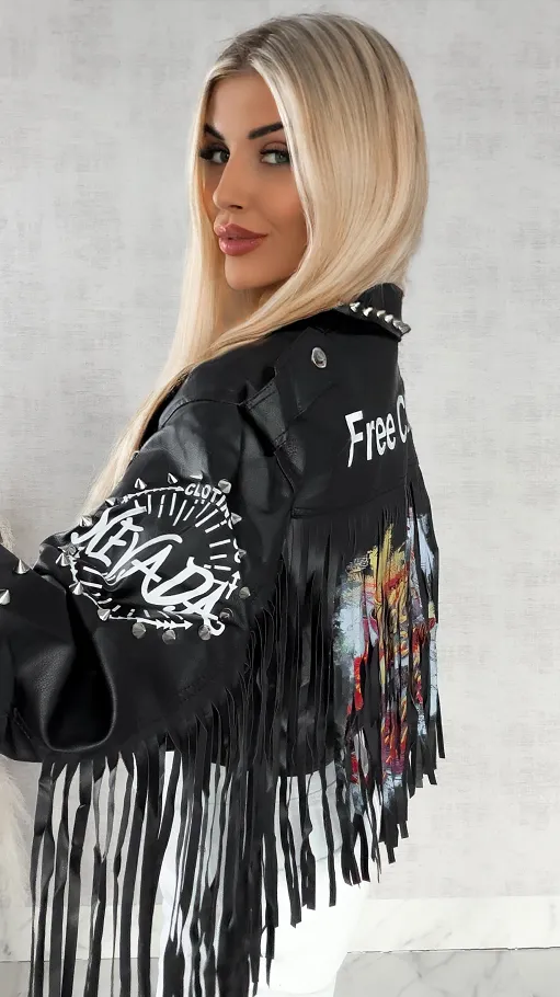 Stylowa czarna kurtka RAMONESKA z frędzlami i ćwiekami one size - R146