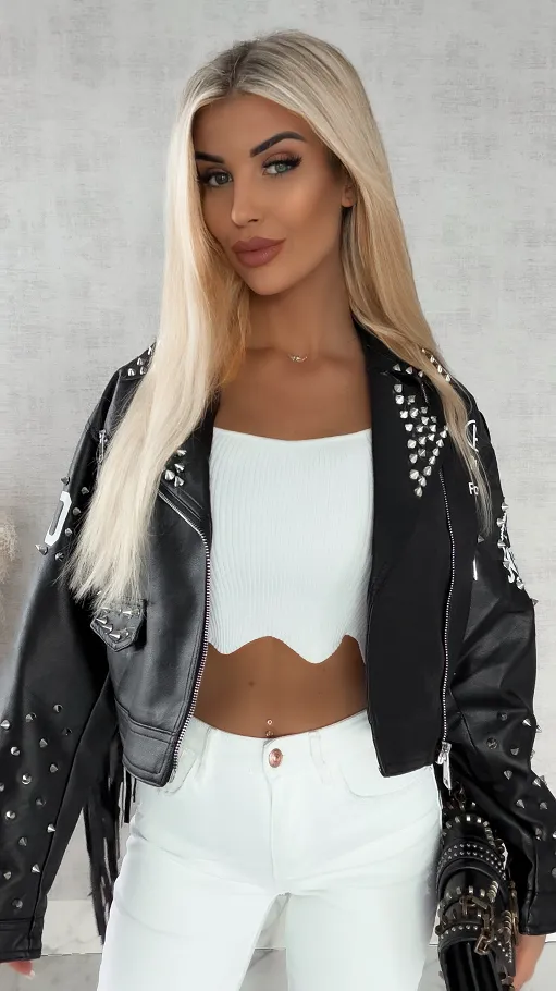 Stylowa czarna kurtka RAMONESKA z frędzlami i ćwiekami one size - R146