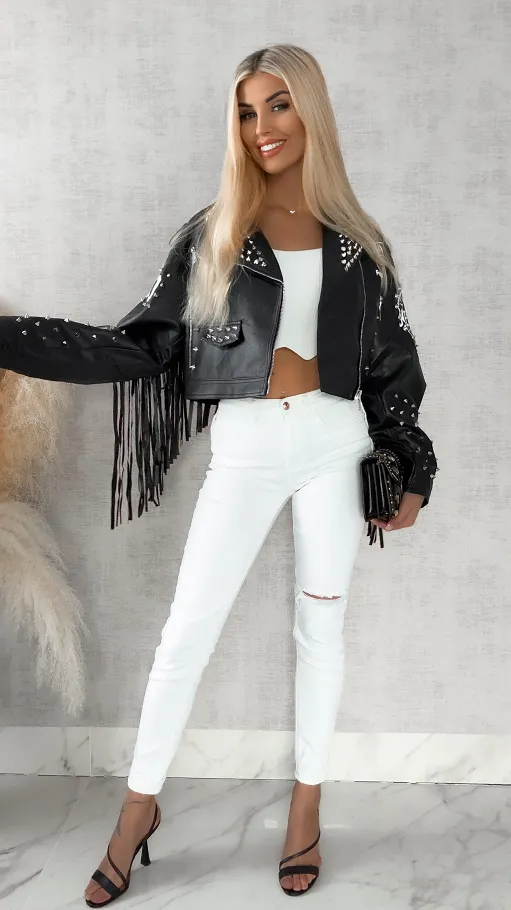 Stylowa czarna kurtka RAMONESKA z frędzlami i ćwiekami one size - R146