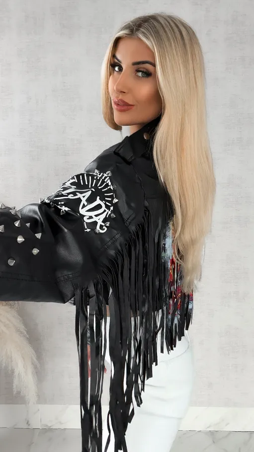 Stylowa czarna kurtka RAMONESKA z frędzlami i ćwiekami one size - R146