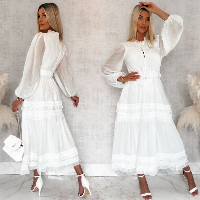 Elegancka długa sukienka zdobiona koronką BIAŁA - R599A