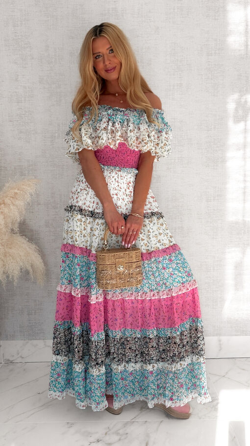Maxi długa sukienka hiszpanka MULTI kolor w kwiatuszki - S065