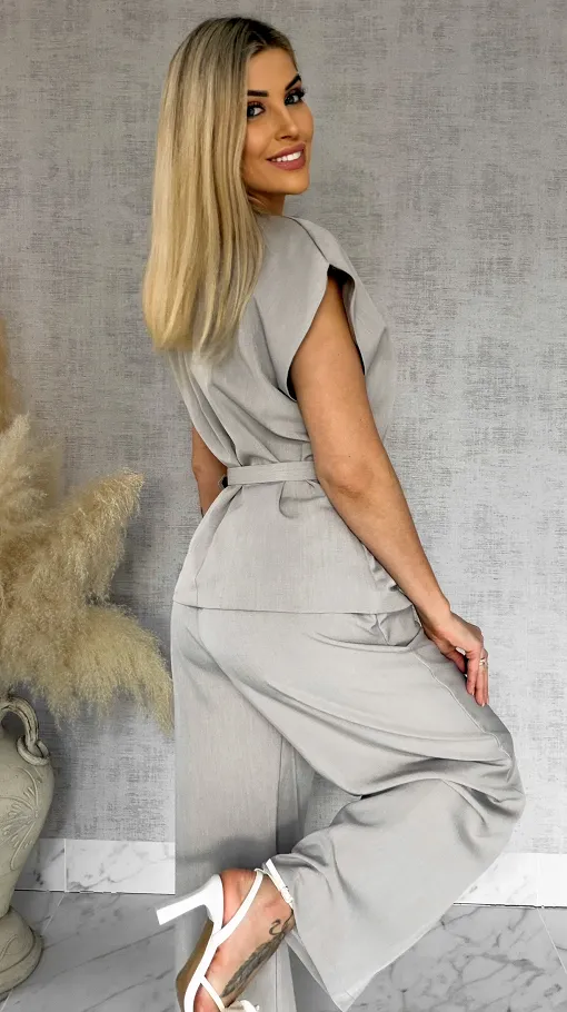 Wizytowy komplet beżowy bluzka + spodnie z paskiem ONE SIZE - R903