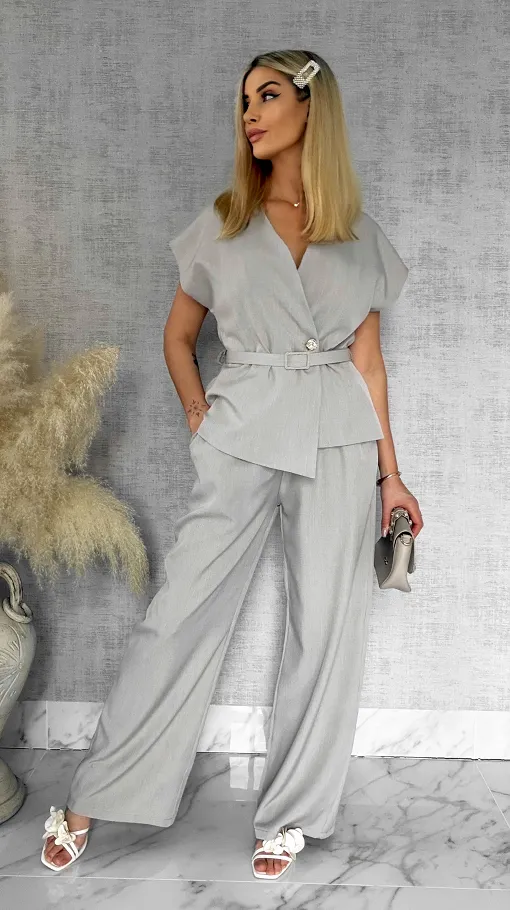 Wizytowy komplet beżowy bluzka + spodnie z paskiem ONE SIZE - R903