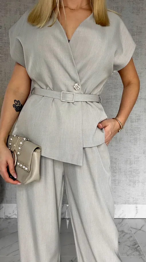 Wizytowy komplet beżowy bluzka + spodnie z paskiem ONE SIZE - R903