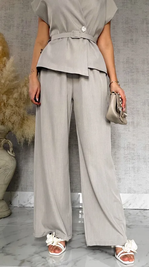 Wizytowy komplet beżowy bluzka + spodnie z paskiem ONE SIZE - R903