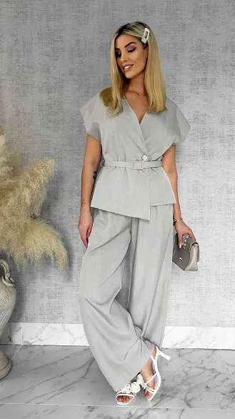 Wizytowy komplet beżowy bluzka + spodnie z paskiem ONE SIZE - R903