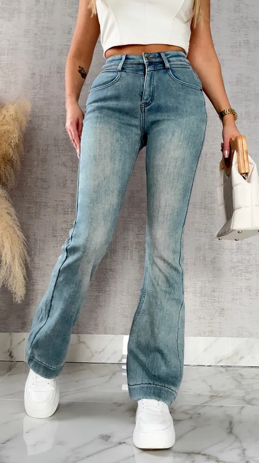 Ocieplane elastyczne spodnie jeansowe dzwony BLUE JEANS - R495A