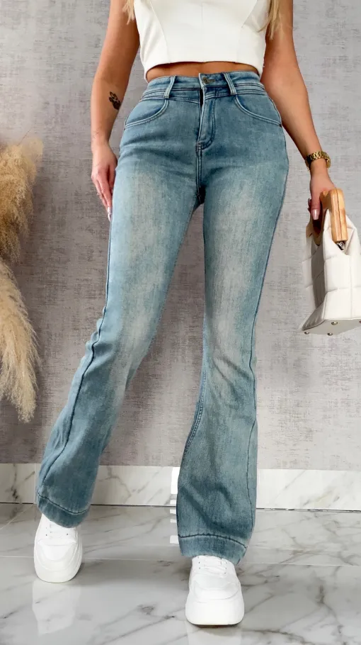 Ocieplane elastyczne spodnie jeansowe dzwony BLUE JEANS - R495A