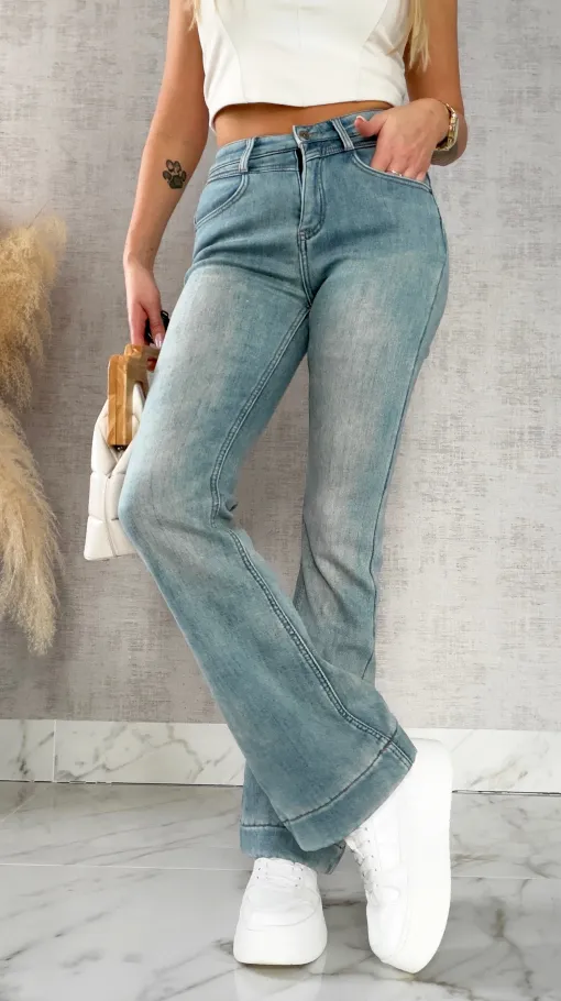 Ocieplane elastyczne spodnie jeansowe dzwony BLUE JEANS - R495A