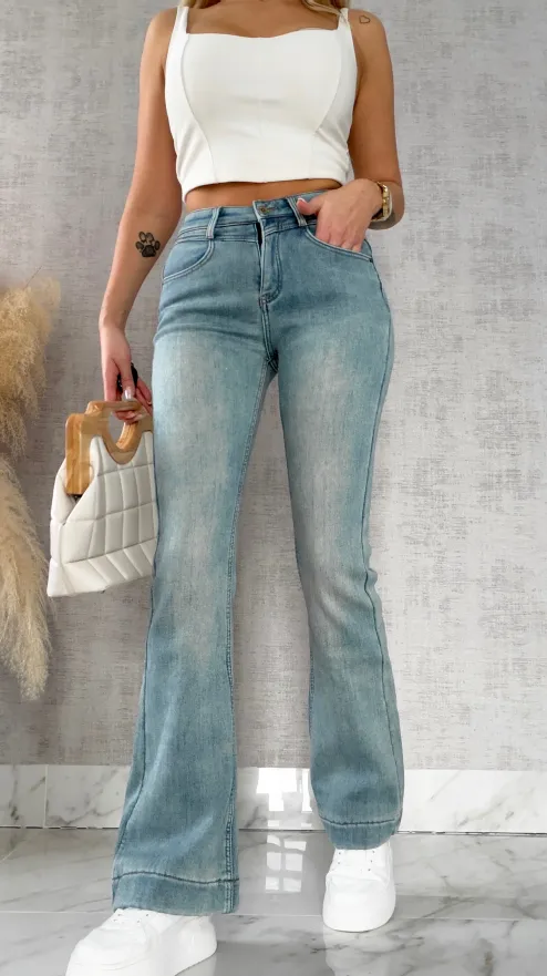 Ocieplane elastyczne spodnie jeansowe dzwony BLUE JEANS - R495A